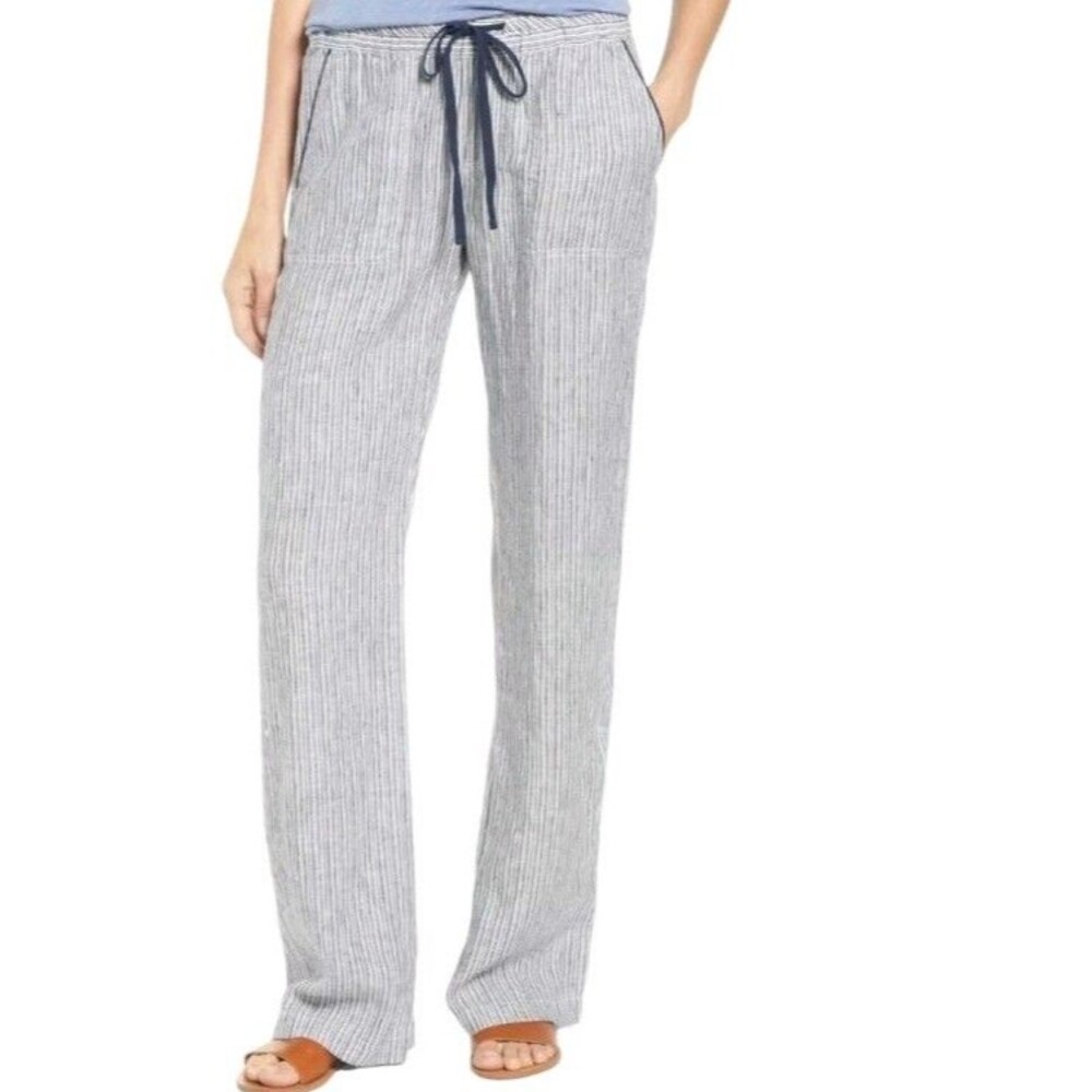 Caslon 100% Linen Wide Leg Pants Womens XXL Navy Striped Nautical Beach Comfort